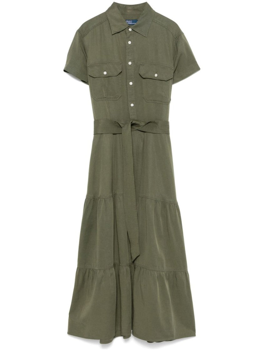 Polo Ralph Lauren Tiered Olive Green Linen Dress With Detachable Belt