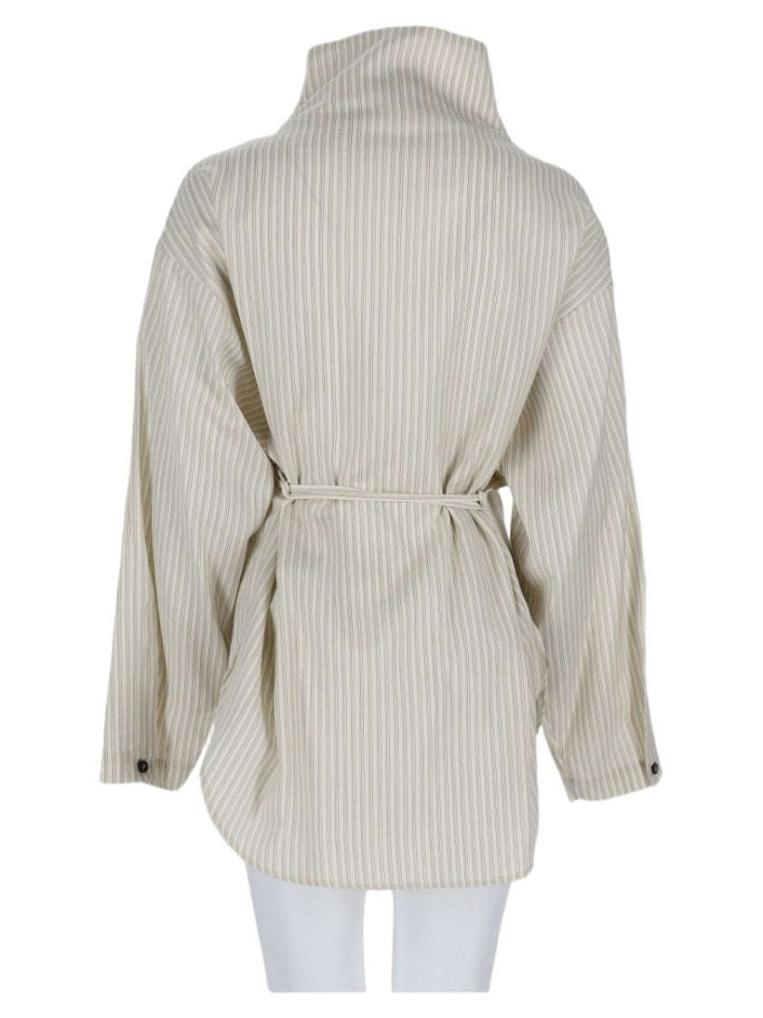 Alysi White High Collar Striped Virgin Wool-Silk Shirt