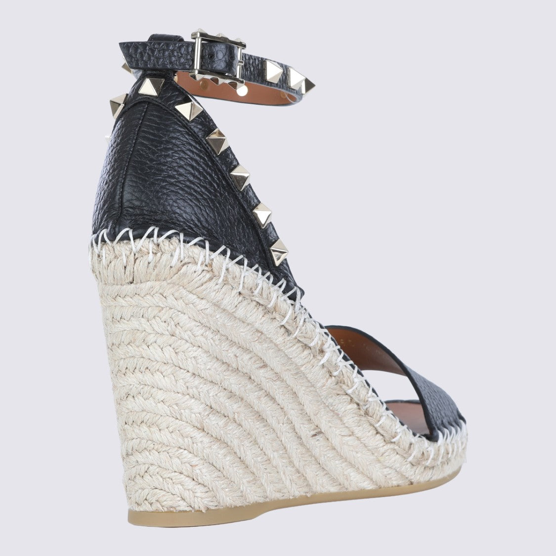 Valentino Garavani Black Leather Raffia Wedge Flats