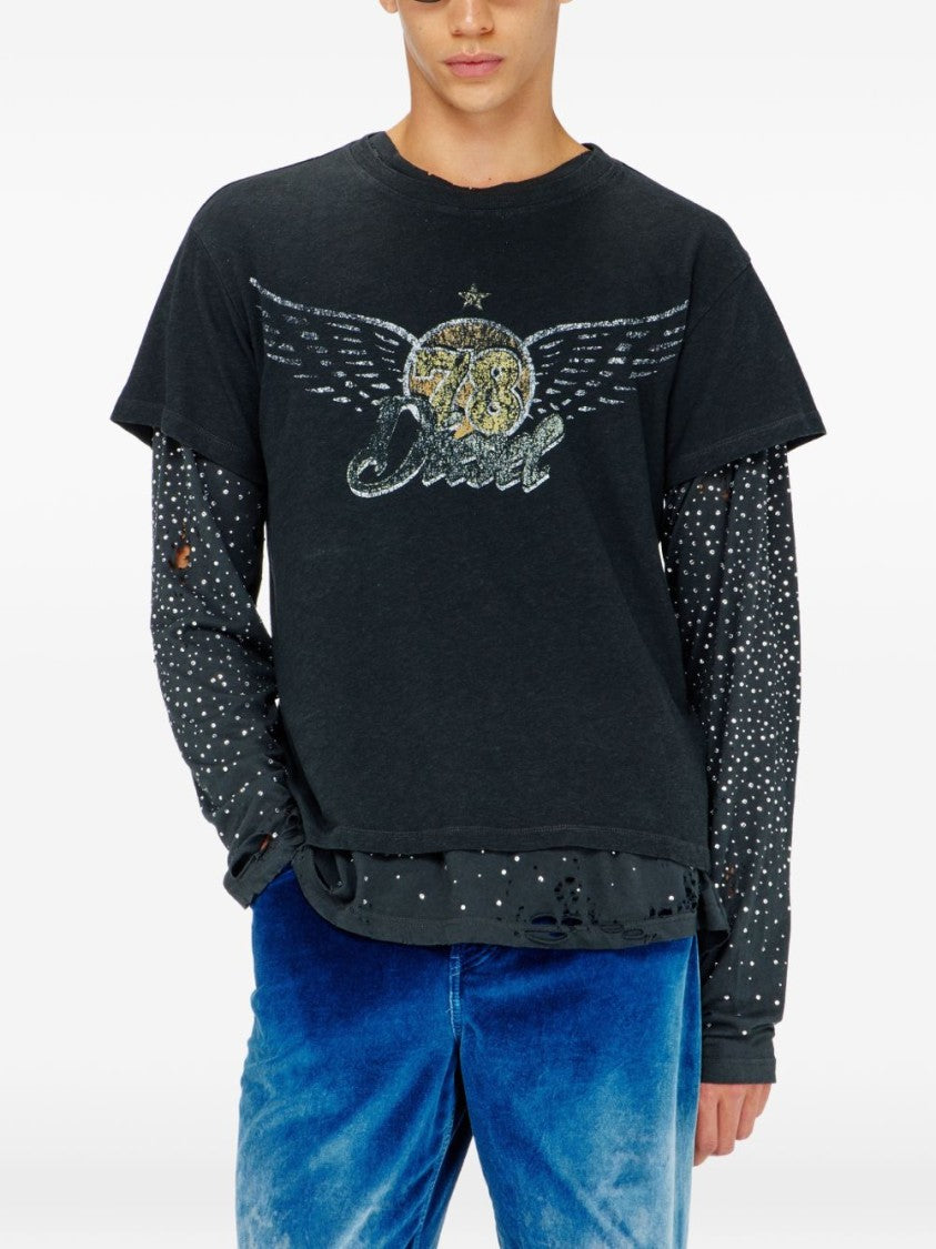 Diesel Vintage-Style Distressed Graphic Print Silk-Nylon Blend T-Shirt