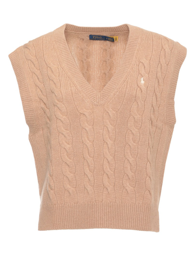 Polo Ralph Lauren Beige V-Neck Sleeveless Cable-Knit Wool Sweater