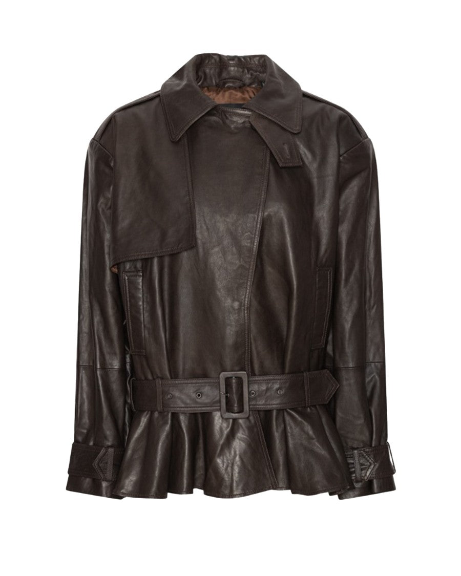 Rotate Structured Brown Biker Jacket With High Collar And Buckle Details