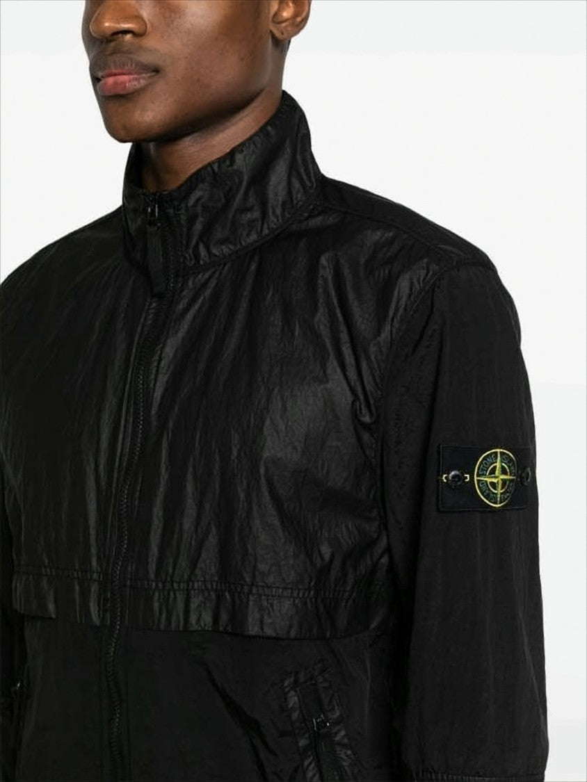 Stone Island Black High-Collar Jacket With Textured Panels