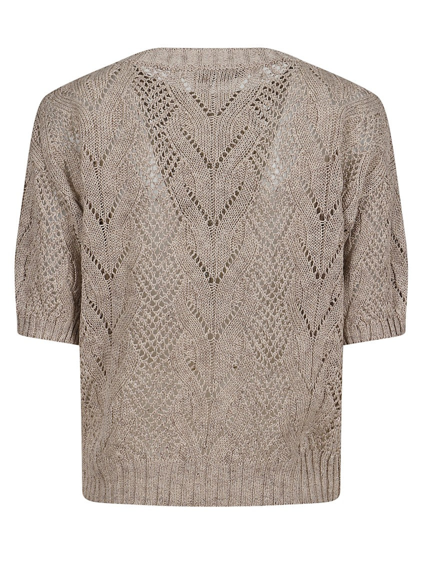 D. Exterior Textured Openwork Knit Sweater With Crystal Embellishments