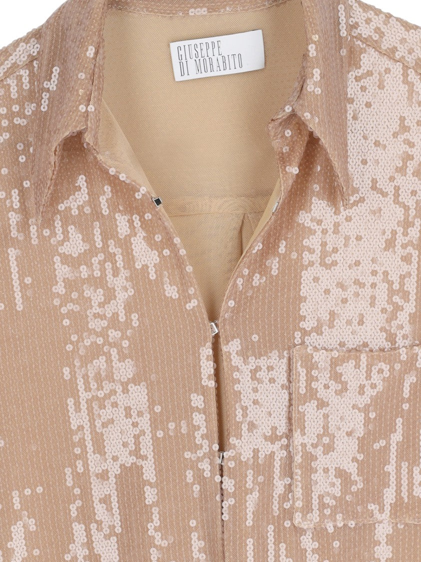 Giuseppe Di Morabito Sequined Shirt In Brown Fabric Classic Collar Hook