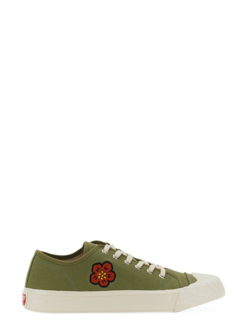Kenzo Olive Green Low-Top Sneakers With Red Floral Embroidery