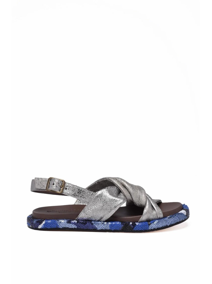 Collection Privee? Beige/Blue Sequined Ankle-Strap Leather Sandals