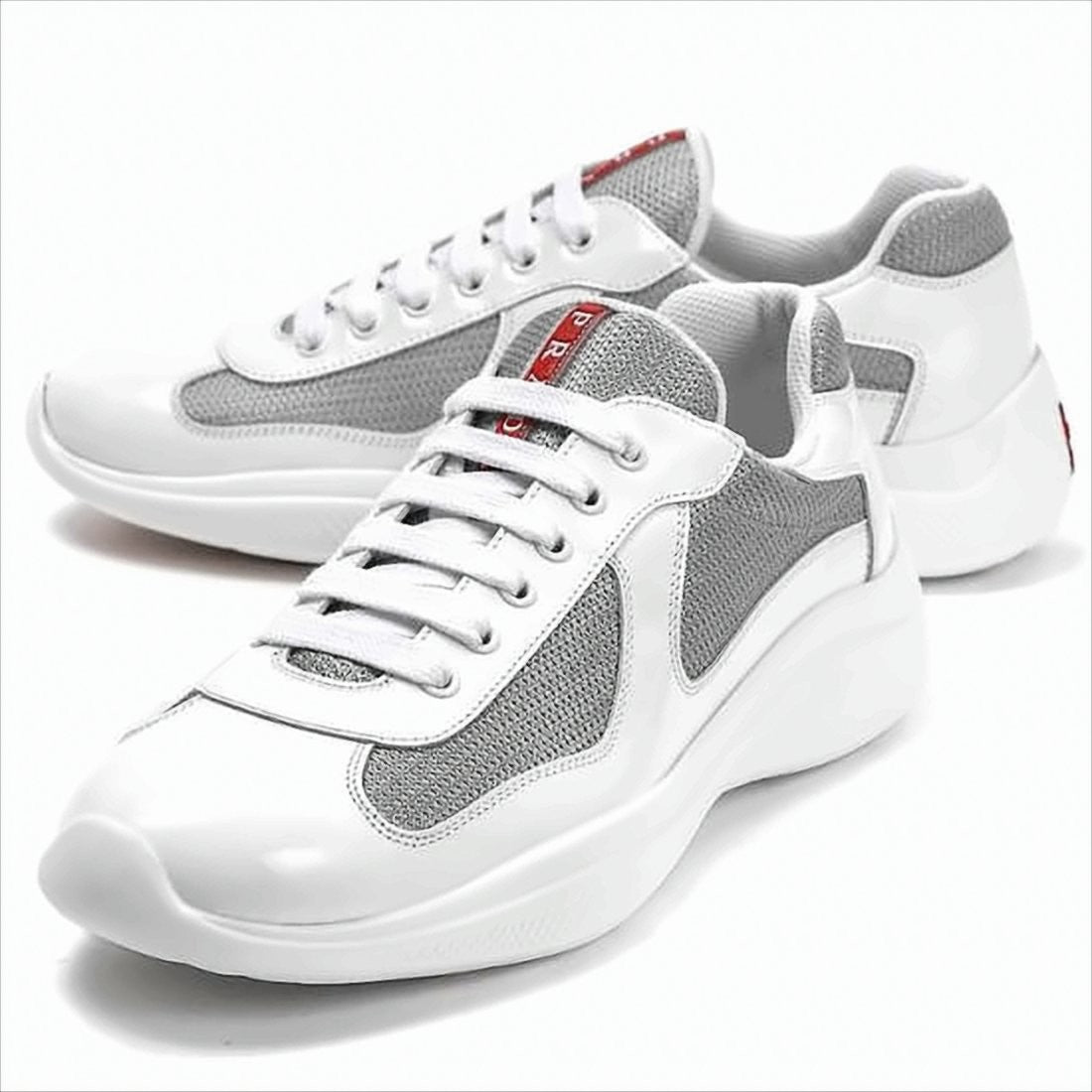 Prada White Leather And Grey Mesh Sneakers