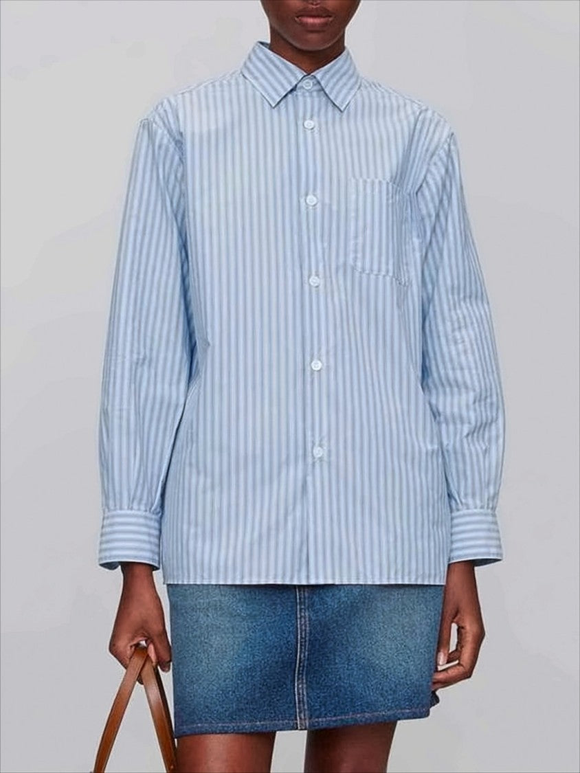 A.P.C. Light Blue Vertical Striped Button-Up Shirt With Relaxed Fit