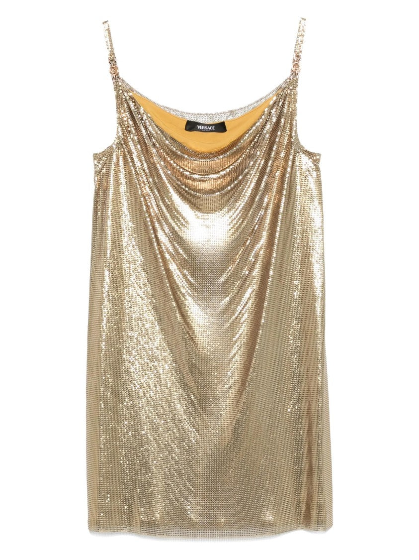 Versace Metallic Mesh Mini Dress With Draped Neckline