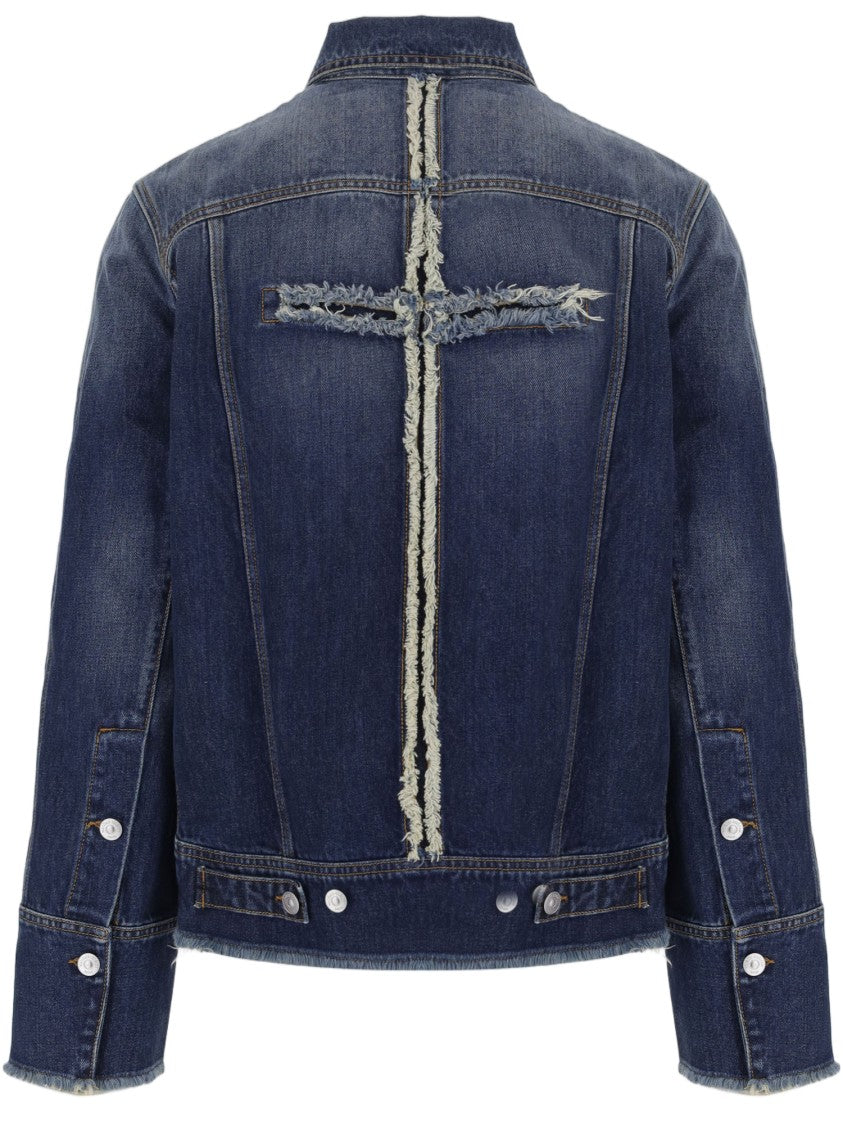 Matieres Fecales Classic Collar Cotton Denim Jacket With Frayed Back Detail