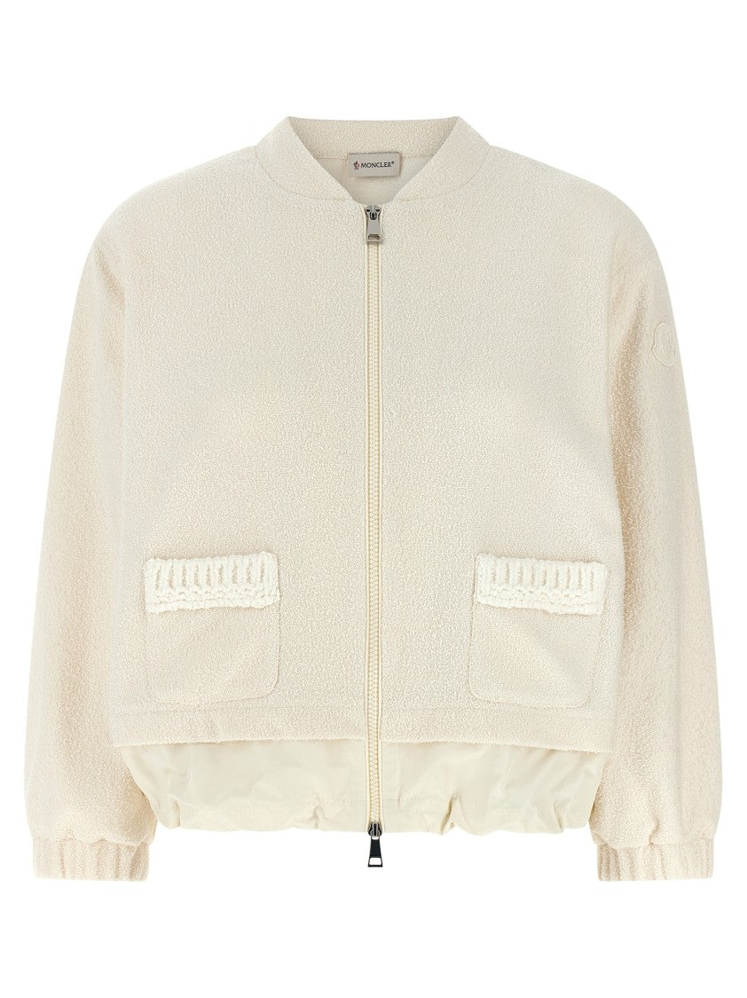 Moncler Flared Bouclé Cardigan With High Neck And Logo Patch