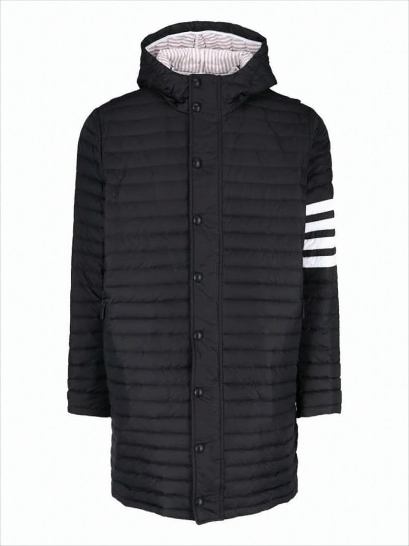 Thom Browne Quilted Black Padded Coat With Hood And Three-Stripe Detail