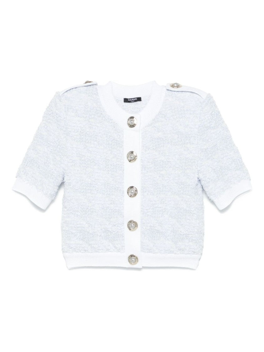 Balmain Light Blue Epaulette Button Front Sweater