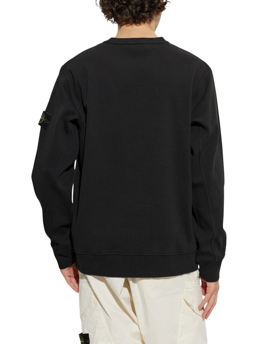 Stone Island Black Cotton Sweatshirt With Logo Patch And Ribbed Details