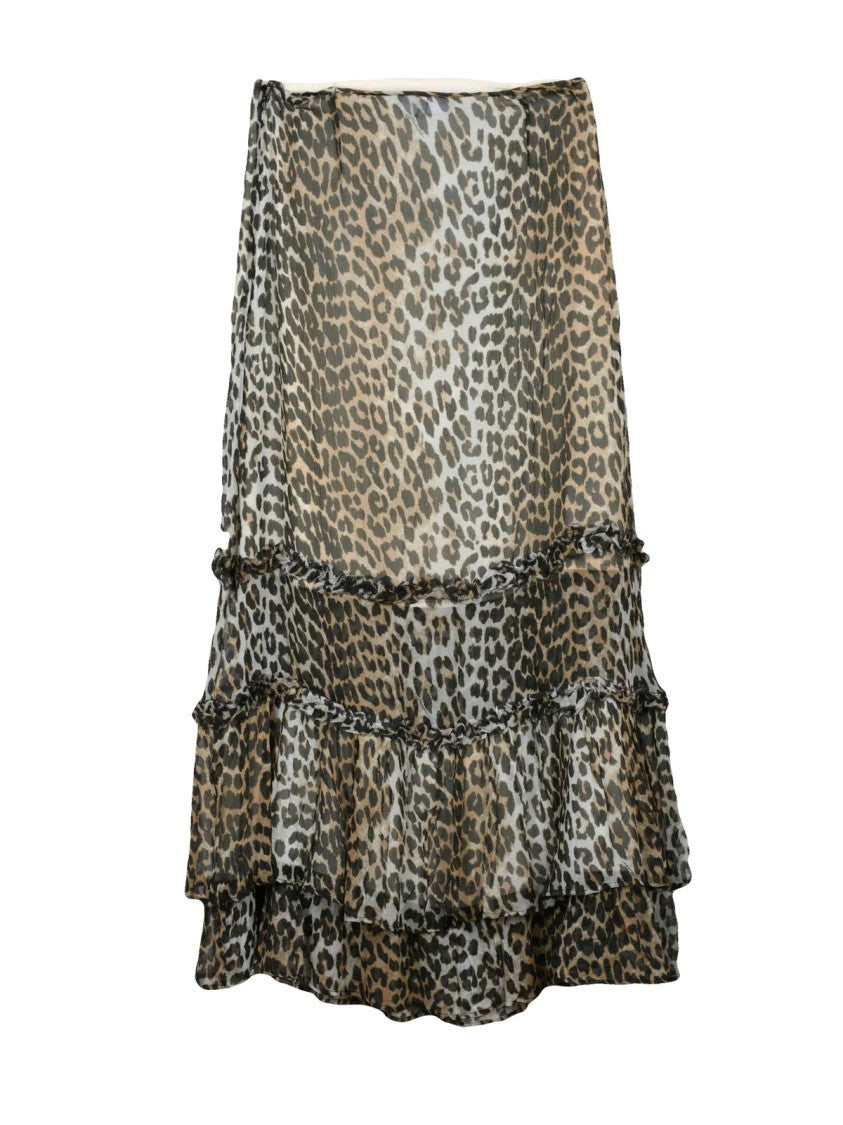 Ganni Tiered Ruffled Voile Skirt With Leopard Print Design