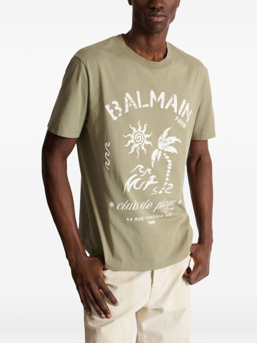 Balmain Muted Green Relaxed Tropical Print T-Shirt