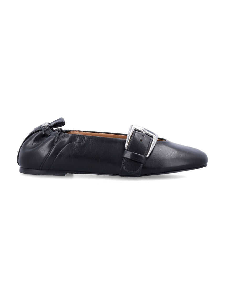 Ganni Buckle Strap Ballerinas With Rounded Square Toe