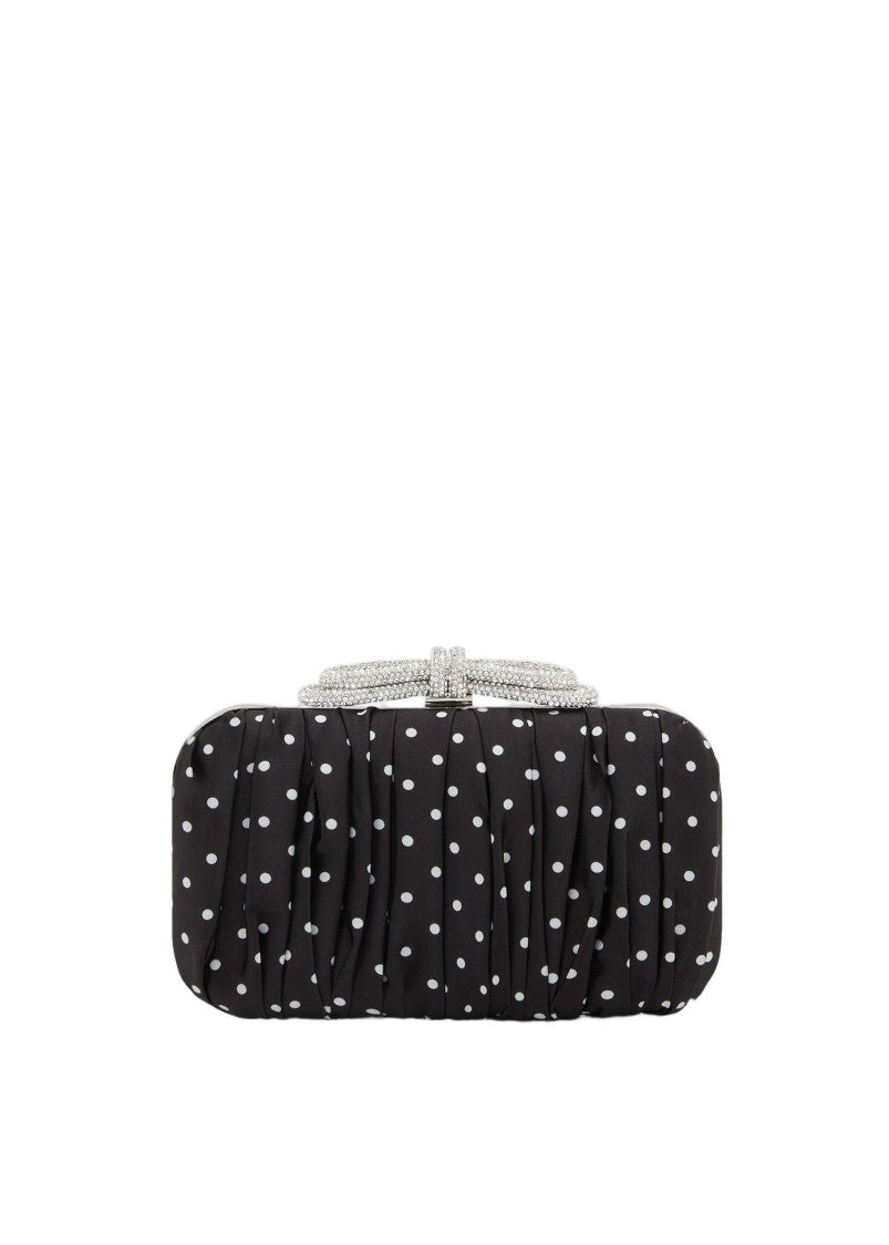 Mach & Mach Double Bow Black Satin Polka Dots Clutch