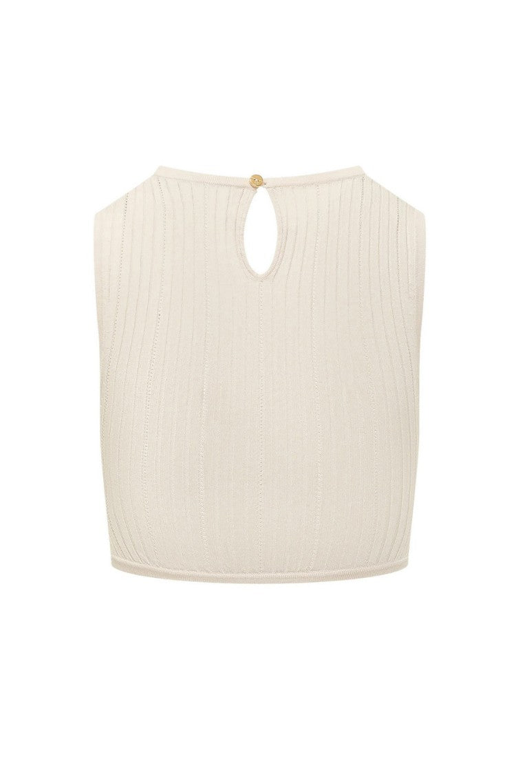 Elisabetta Franchi Ivory Wrap-Front Gold Bar Keyhole Viscose-Blend Tank Top