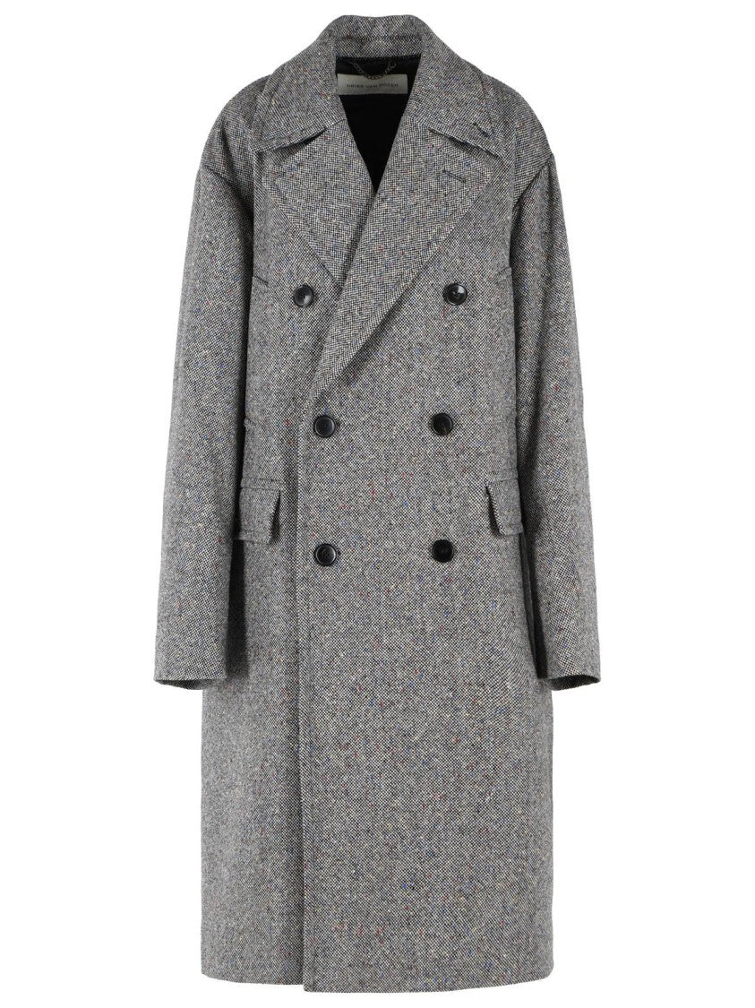 Dries Van Noten Double-Breasted Grey Wool Coat With Multicolored Check Pattern