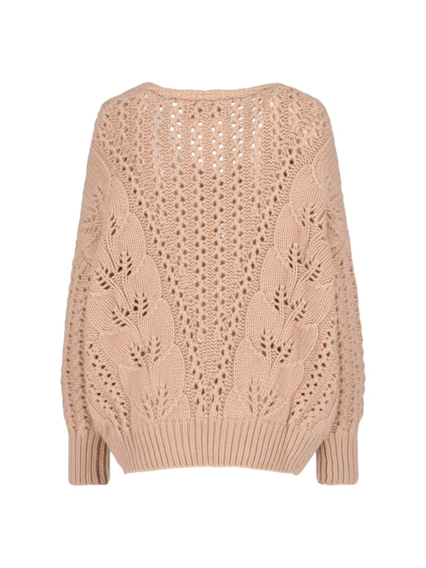 Ermanno Scervino Cashmere Sweater With Openwork Floral Design And V-Neckline