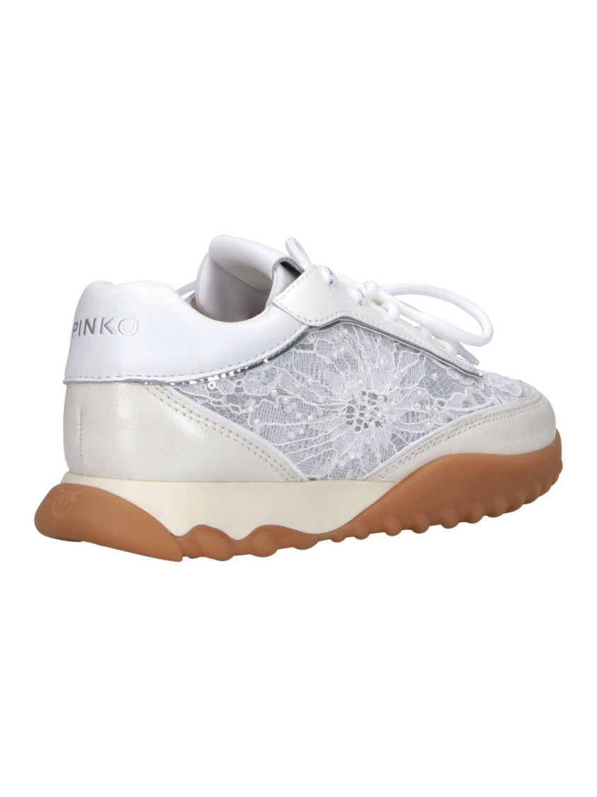 Pinko White Ariel Lace Detail Leather Sneakers