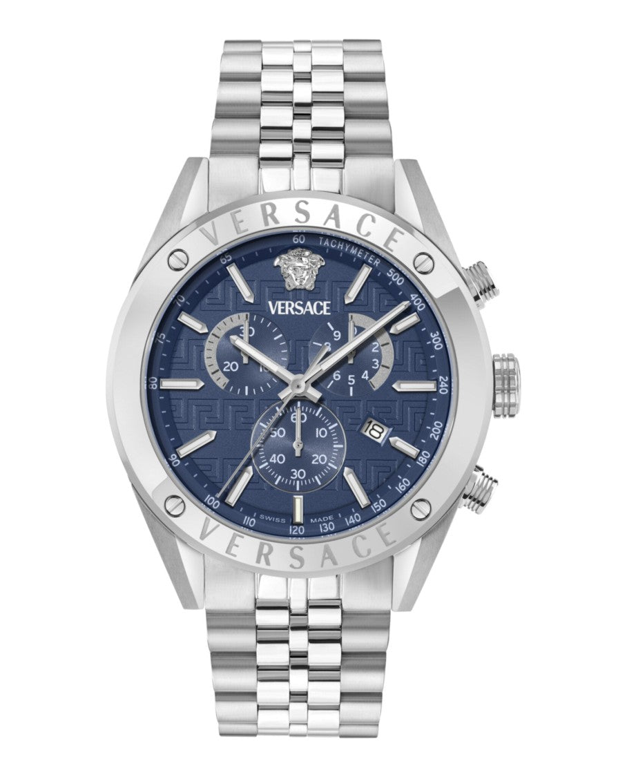 Versace Athletic Chrono Bracelet Watch With Blue Guilloche Dial