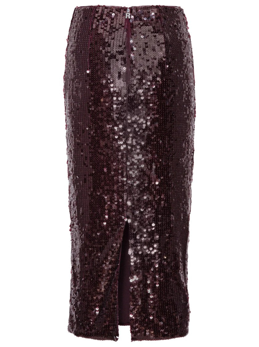 Rotate Burgundy Midi Skirt With Sequined Finish