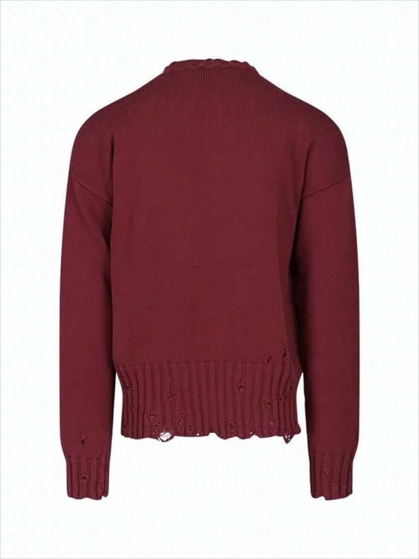 Marni Deep Burgundy Knit Sweater With Distressed Hem And Cuffs
