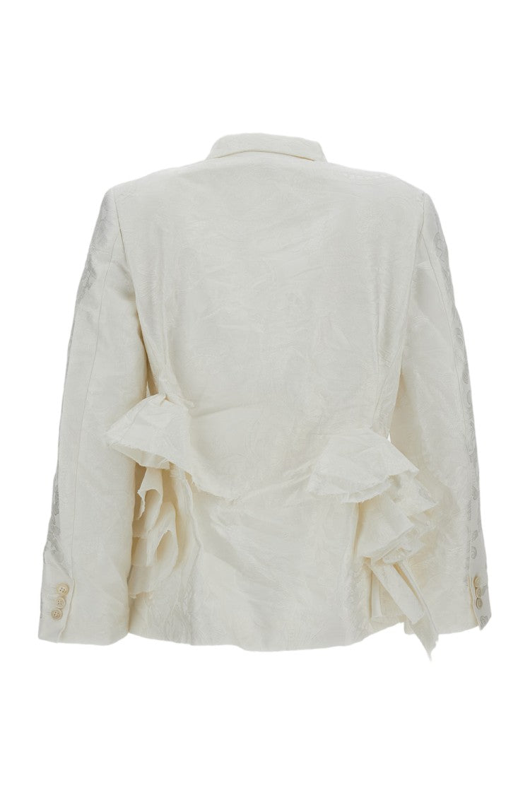 Comme Des Garçons White Structured Damask Ruffles Blazer