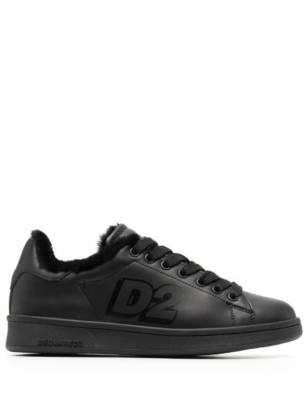 Dsquared2 Smooth Leather Low-Top Sneakers With Plush Fur-Lined Collar