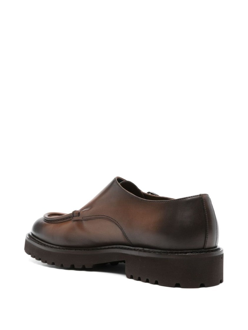 Doucal's Brown Polished Calf Leather Double Buckle Shoes