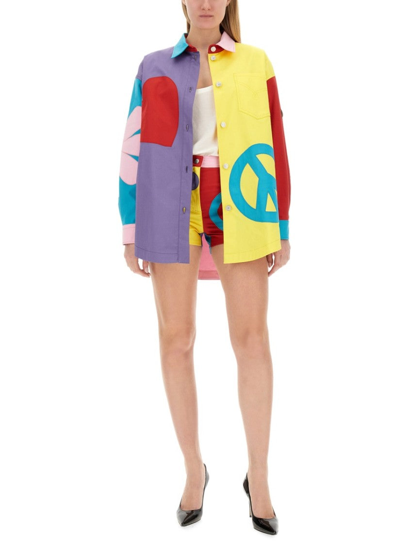 Moschino Oversized Printed Shirt With Eclectic Patchwork Design