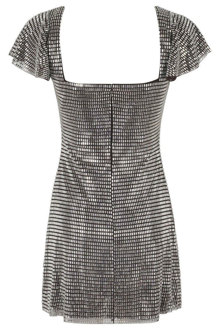 Self-Portrait Gray Rhinestone-Embellished Mesh Ruffled Mini Dress