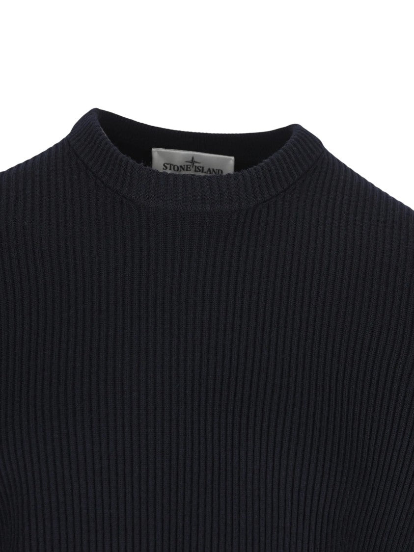 Stone Island Navy Blue Virgin Wool Crew-Neck Sweater With Compass Badge