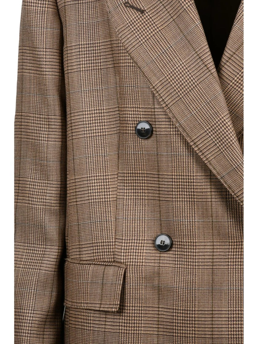 Marella Brown Checkered Double-Breasted Virgin Wool Jacket