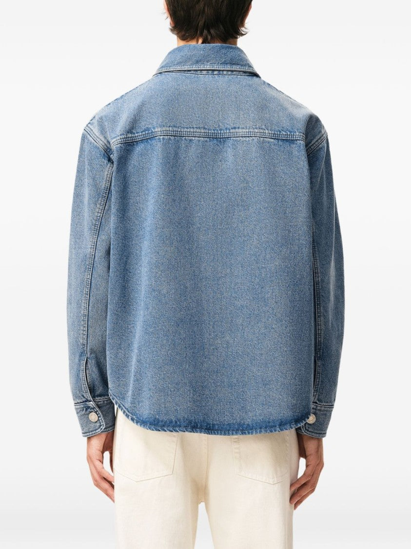 Ami Paris Indigo Denim Shirt With Snap Button Closures And Logo Embroidery