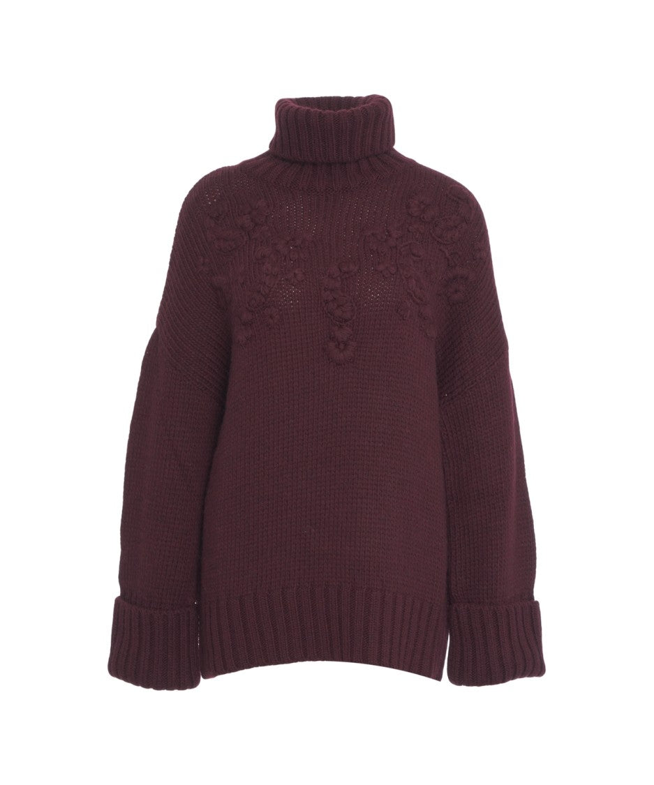 Guess By Marciano High Neck Embroidered Burgundy Oversized Sweater