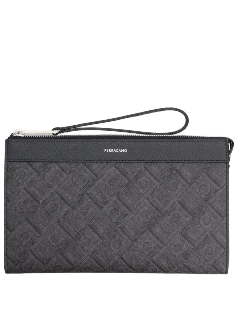 Ferragamo Black Metallic Zipper Calf Leather Clutch