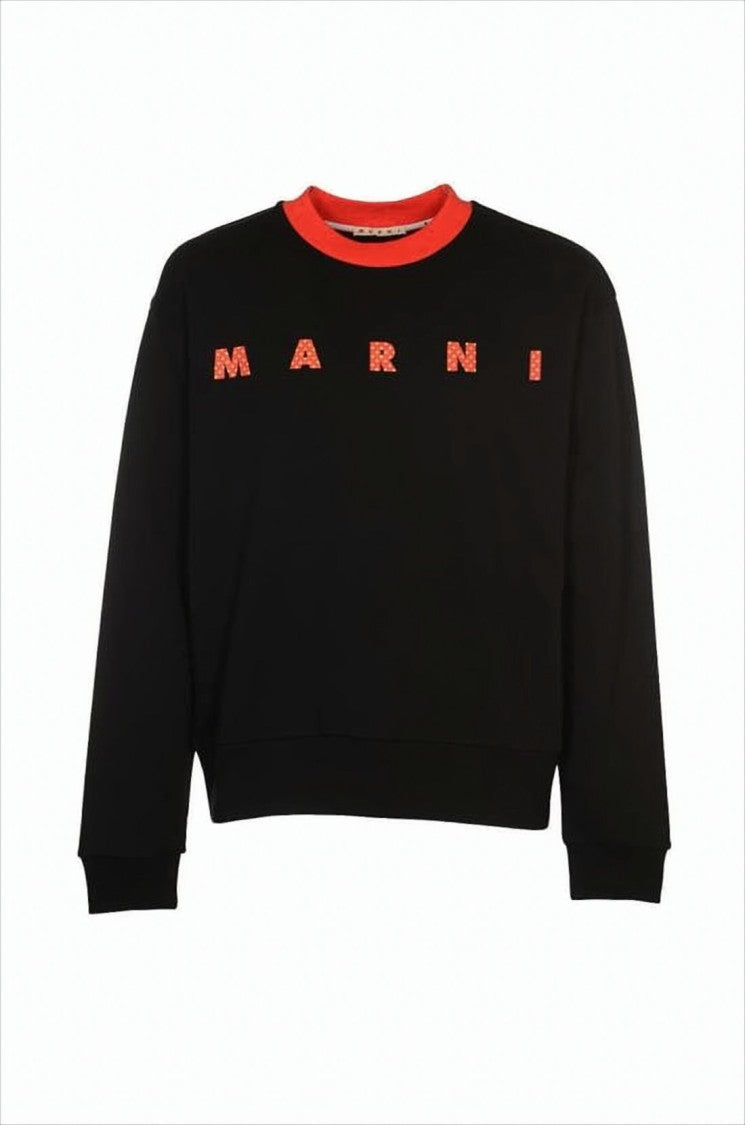 Marni Cropped Black Cotton Sweatshirt With Contrasting Red Neckline And Bold Lettering
