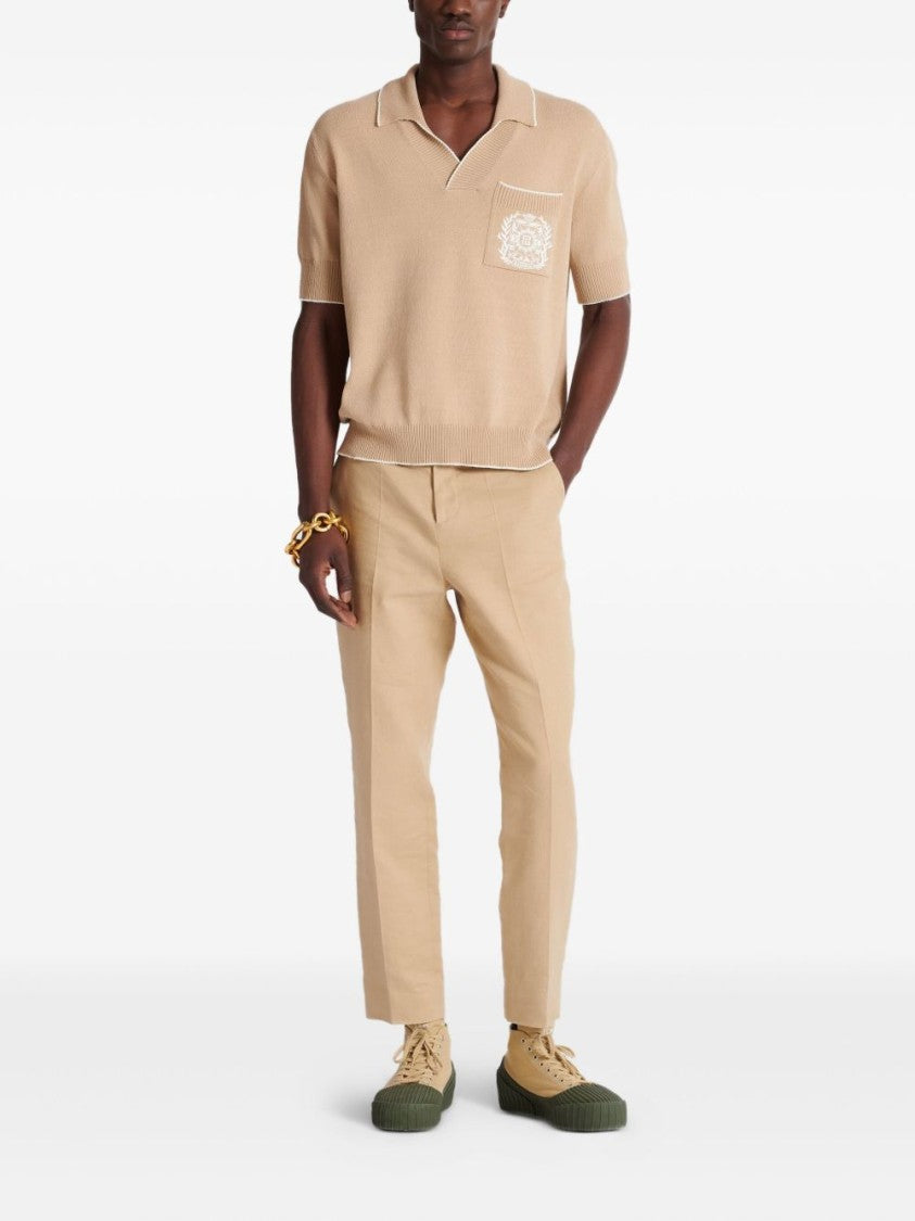 Balmain Beige V-Neck Embroidered Knit Polo Shirt