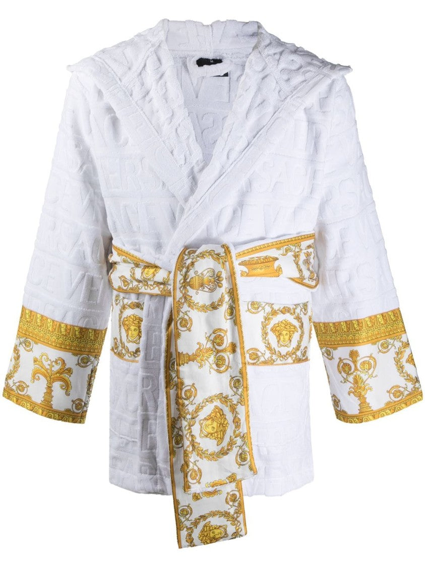 Versace White Cotton Barocco Logo Print Hooded Robe