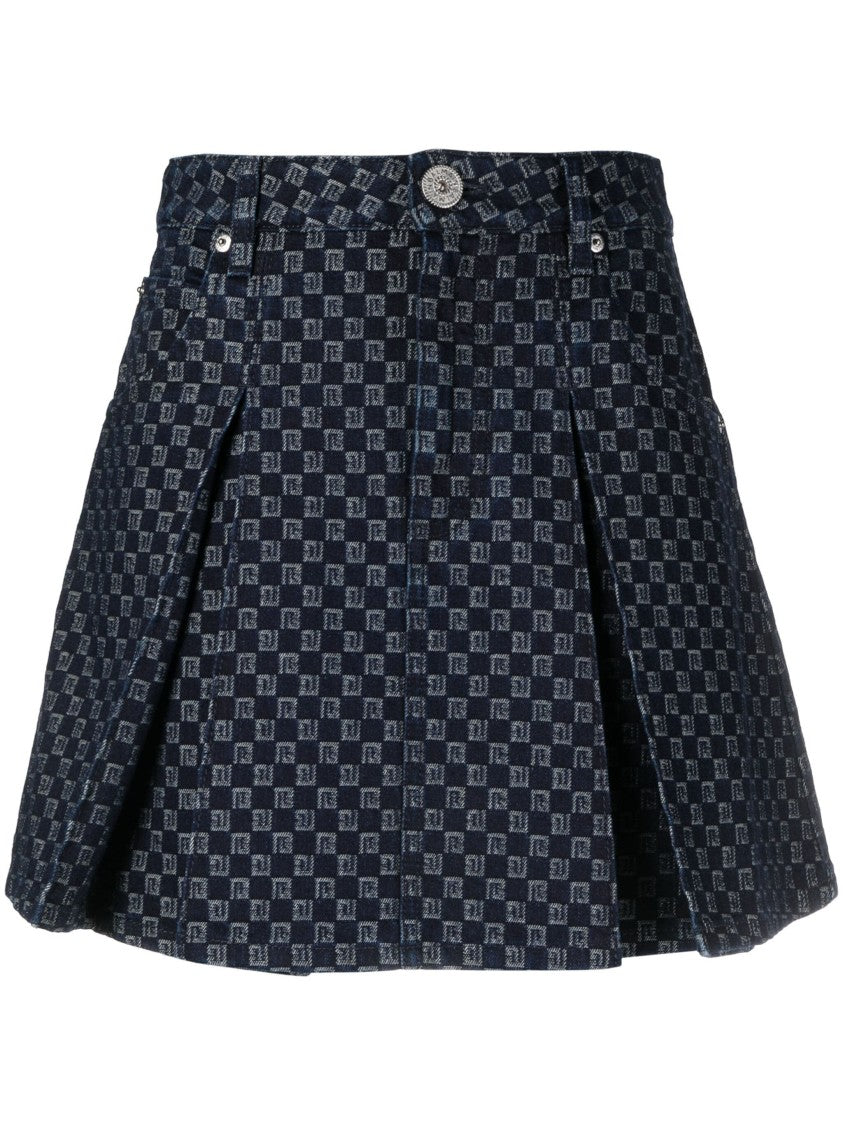Balmain Monogram Denim Flare Skirt