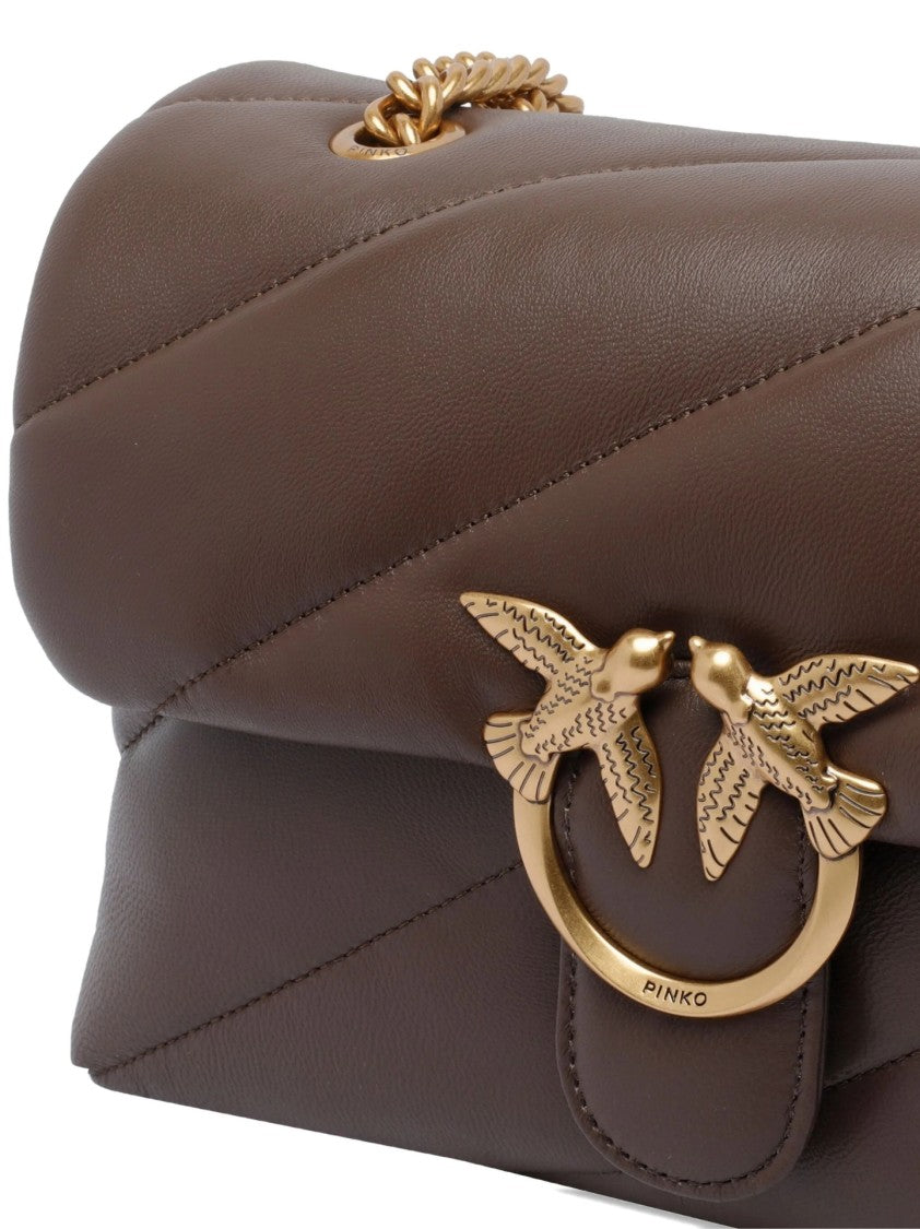 Pinko Quilted Brown Leather Bag With Bird Motif