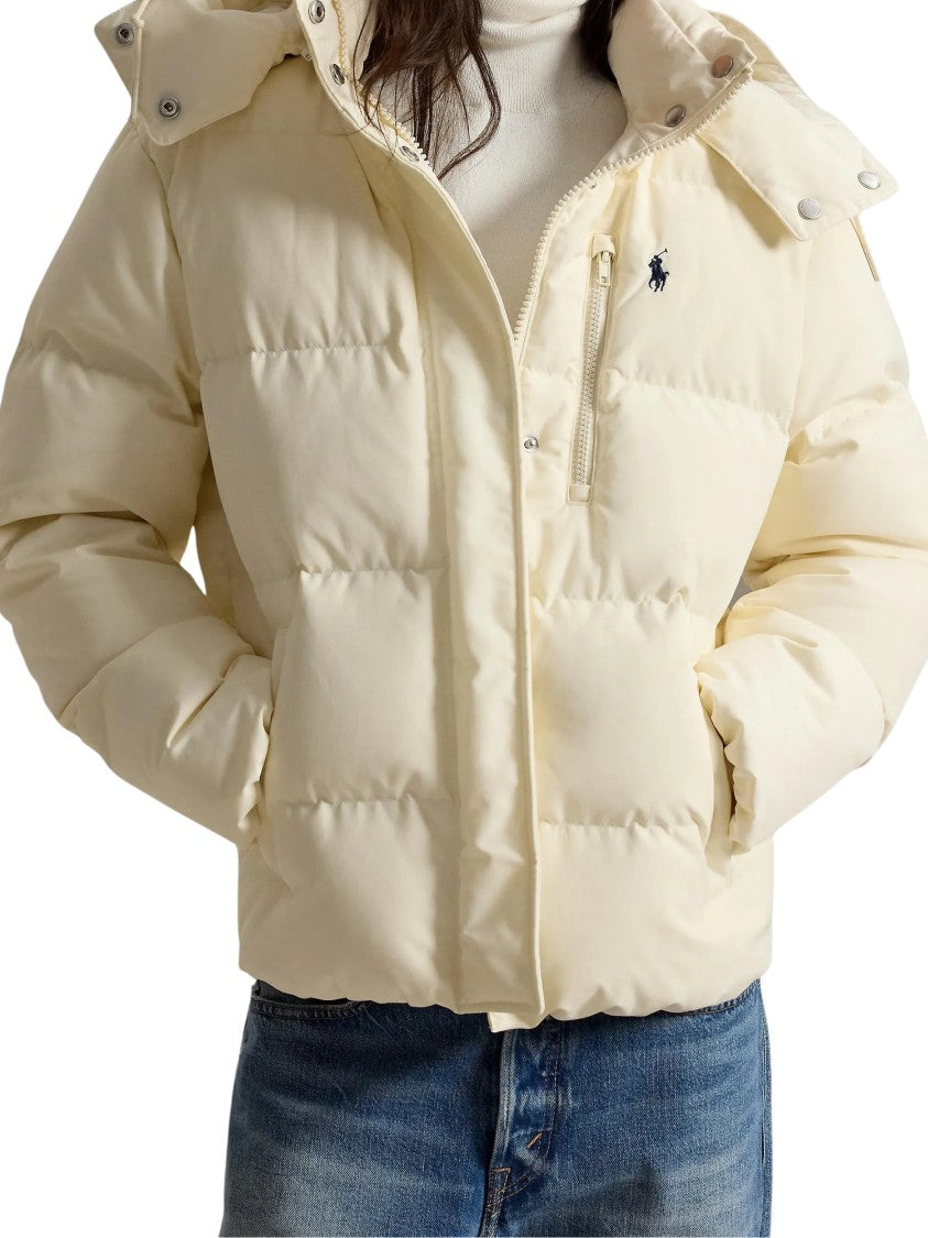 Polo Ralph Lauren Cream Quilted Down Jacket With Removable Hood And Multi-Pocket Design