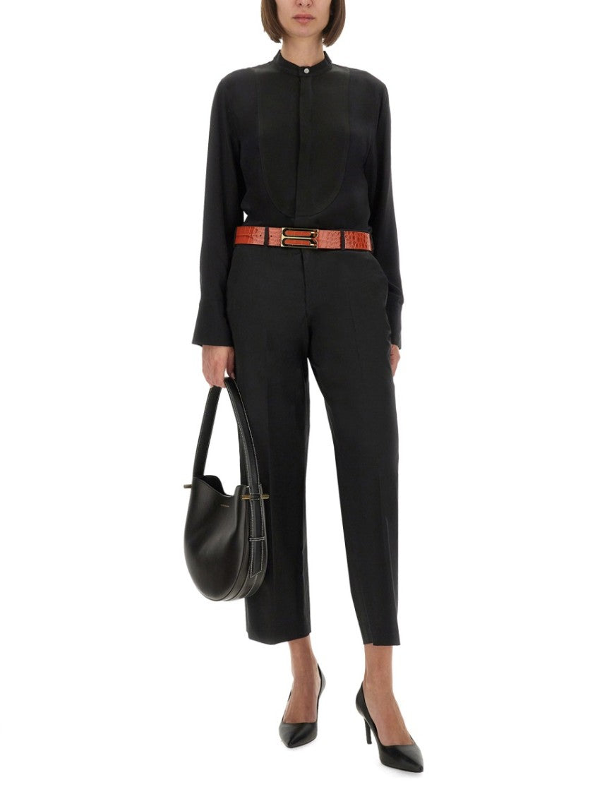 Victoria Beckham High Neck Black Silk Shirt With Pleat Detail