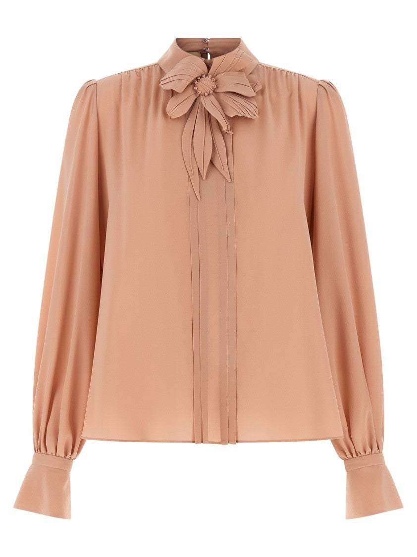Valentino Garavani Crêpe De Chine Top With Floral Appliqué And Pleated Detailing
