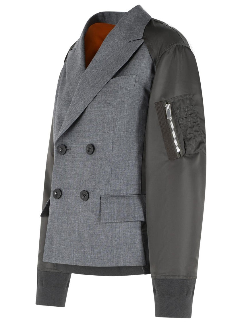 Sacai Blazer In Grey And Green Wool Blend
