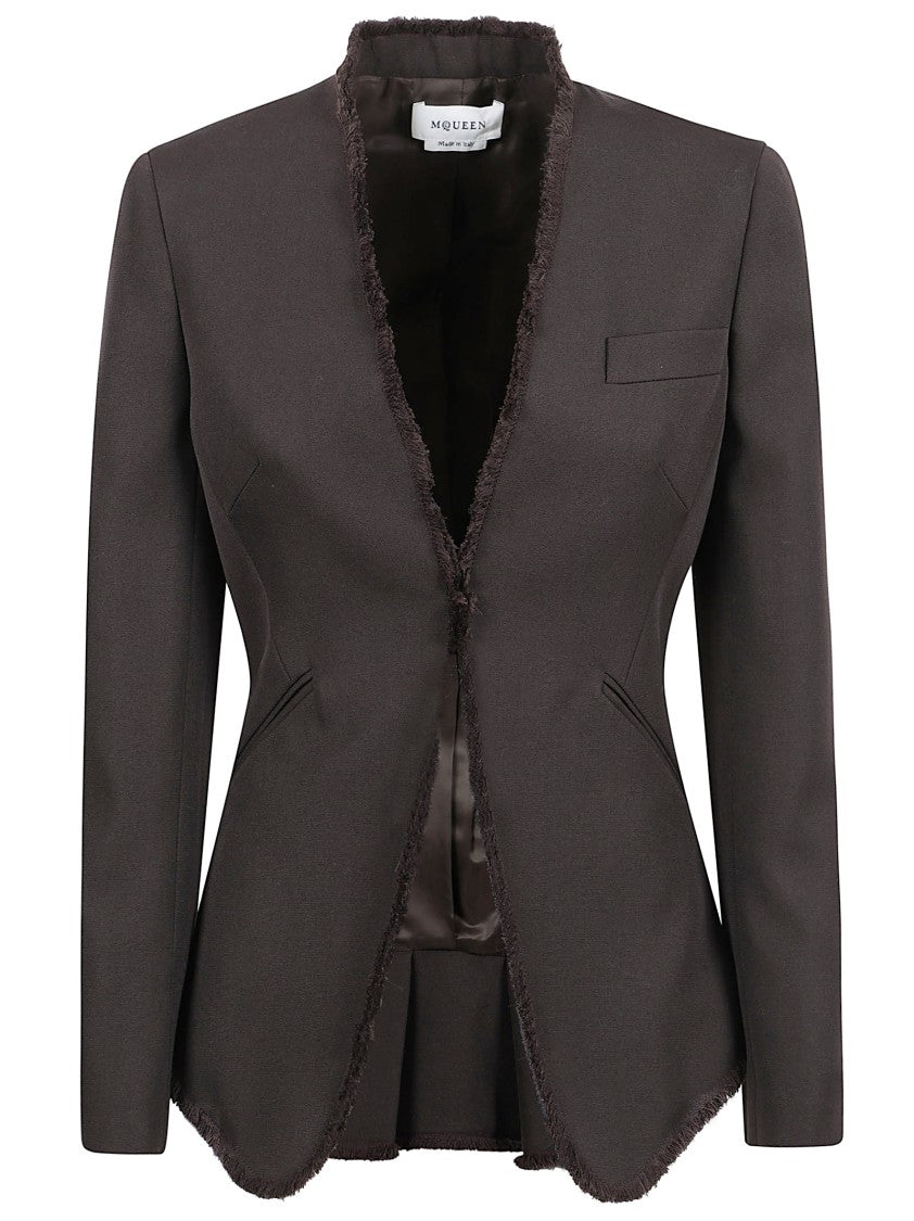 Alexander Mcqueen Fringed Hem Wool Jacket With Peplum Detail